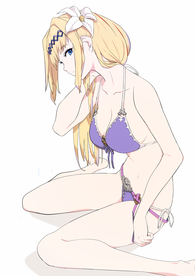 bare_shoulders barefoot bikini blonde_hair blue_eyes breasts cleavage collarbone commentary_request flower from_side front-tie_bikini front-tie_top granblue_fantasy hair_flower hair_ornament hair_over_shoulder hairband jeanne_d'arc_(granblue_fantasy) large_breasts long_hair looking_at_viewer navel profile purple_bikini side-tie_bikini simple_background sitting sohin solo strap_gap string_bikini swimsuit wariza white_background