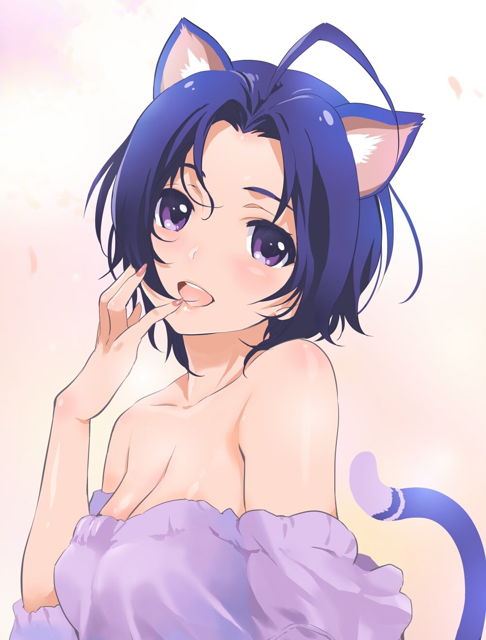 :d ahoge animal_ears bare_shoulders blue_hair blush breasts cat_ears cat_tail cleavage highres idolmaster idolmaster_(classic) inoue_sora kemonomimi_mode looking_at_viewer medium_breasts miura_azusa off-shoulder_shirt open_mouth purple_eyes shirt short_hair simple_background smile solo tail tail_raised