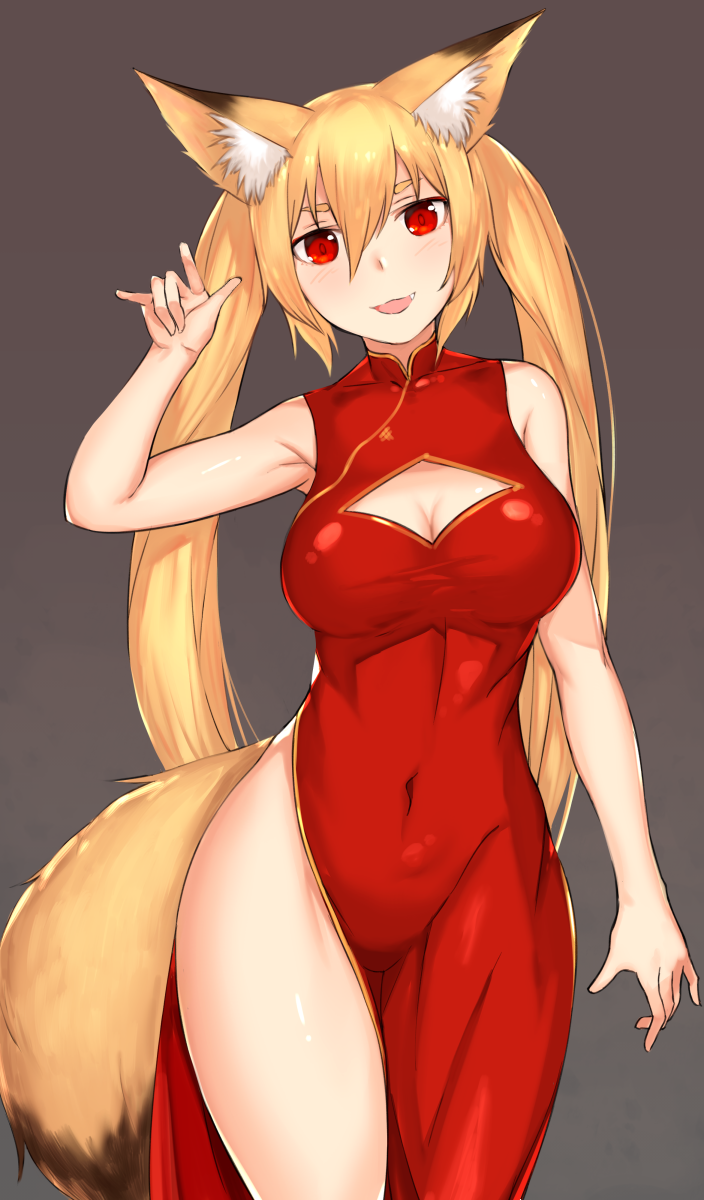:3 :d animal_ears arm_at_side arm_up armpits bare_arms bare_shoulders blonde_hair blush breasts china_dress chinese_clothes cleavage_cutout closed_eyes collar covered_navel cowboy_shot dress fang fox_ears grey_background hair_between_eyes highres large_breasts long_hair looking_at_viewer mathew_(srmmk_mce) open_mouth original pelvic_curtain red_dress red_eyes shiny shiny_hair shiny_skin simple_background smile solo standing thighs very_long_hair