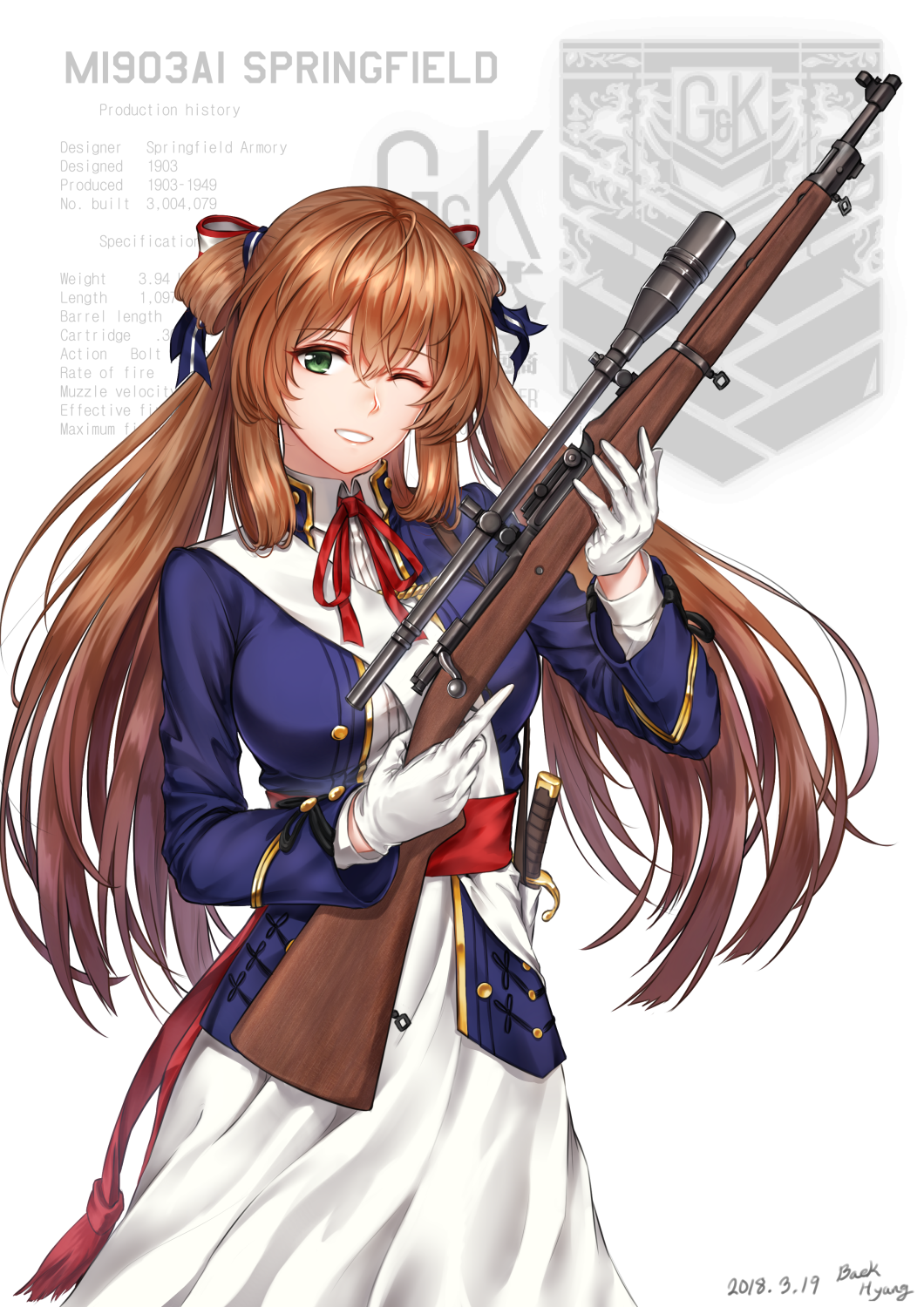 baek_hyang bangs blush bolt_action breasts brown_hair collared_jacket collared_shirt commentary_request cowboy_shot dated dress eyebrows_visible_through_hair girls_frontline gloves green_eyes gun hair_between_eyes hair_ribbon hair_rings highres holding holding_gun holding_weapon jacket large_breasts long_hair long_sleeves looking_at_viewer m1903_springfield m1903_springfield_(girls_frontline) military military_uniform neck_ribbon one_eye_closed open_mouth parted_lips ponytail red_ribbon ribbon rifle sash scope shirt sidelocks signature simple_background smile solo sword trigger_discipline uniform weapon white_background white_dress