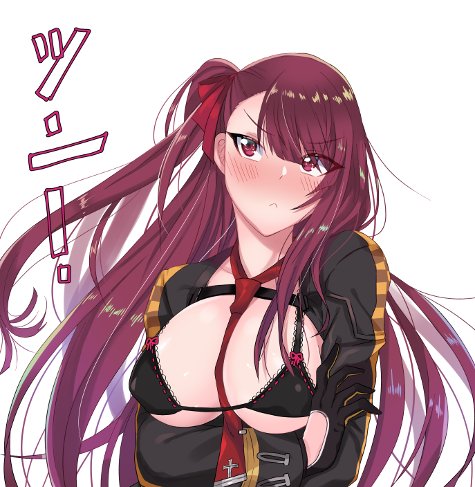 :&lt; between_breasts black_bra black_gloves blush bra breasts cleavage crossed_arms eyebrows_visible_through_hair girls_frontline gloves hair_ribbon head_tilt large_breasts long_hair long_sleeves looking_at_viewer necktie necktie_between_breasts nose_blush one_side_up open_clothes pink_ribbon purple_eyes purple_hair red_neckwear ribbon ribbon-trimmed_bra sanpaku shiny shiny_hair shiny_skin simple_background solo takanaru translation_request tsurime underwear upper_body v-shaped_eyebrows very_long_hair wa2000_(girls_frontline) white_background