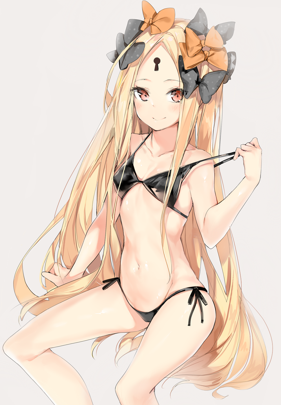 abigail_williams_(fate/grand_order) arm_support bangs bare_arms bare_legs bare_shoulders bikini black_bikini black_bow blonde_hair blush bow breasts brown_background closed_mouth collarbone commentary fate/grand_order fate_(series) hair_bow highres keyhole lifted_by_self long_hair looking_at_viewer navel orange_bow parted_bangs polka_dot polka_dot_bow red_eyes side-tie_bikini silver_(chenwen) simple_background sitting small_breasts smile solo strap_lift swimsuit very_long_hair
