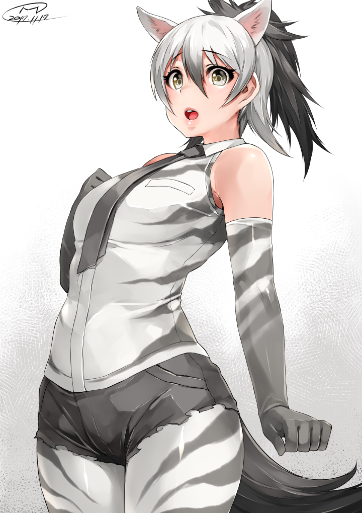 :o aardwolf_(kemono_friends) aardwolf_ears aardwolf_tail animal_ears arm_at_side bare_shoulders black_hair black_neckwear black_shorts breast_pocket clenched_hands collared_shirt commentary cowboy_shot dated elbow_gloves extra_ears eyebrows_visible_through_hair gloves grey_eyes grey_hair hair_between_eyes hand_on_own_chest hand_up happa_(cloverppd) high_ponytail kemono_friends lips long_hair looking_at_viewer multicolored_hair necktie open_mouth outstretched_arm pocket ponytail print_gloves print_legwear print_shirt shiny shiny_clothes shirt short_shorts shorts signature sleeveless sleeveless_shirt solo standing tail
