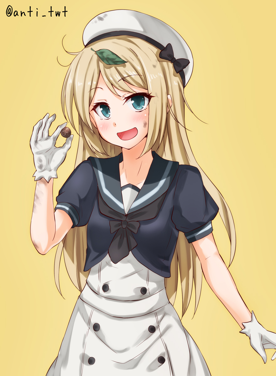 :d anti_(untea9) arm_at_side beret black_neckwear black_sailor_collar black_shirt blonde_hair blue_eyes blush coin cowboy_shot crop_top dirty_face dress eyebrows_visible_through_hair gloves hat highres jervis_(kantai_collection) kantai_collection leaf leaf_on_head long_hair looking_at_viewer messy_hair money neckerchief open_mouth sailor_collar shiny shiny_hair shirt short_sleeves smile solo standing straight_hair tareme twitter_username white_dress white_gloves white_hat
