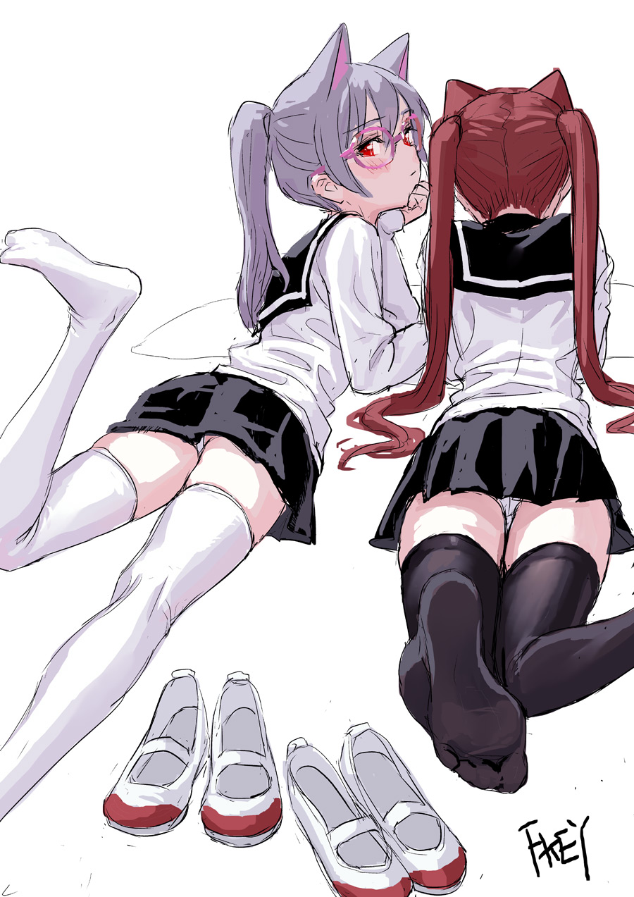 animal_ears bespectacled black_legwear cat_ears chin_rest commentary_request feet fkey footwear_removed glasses highres long_sleeves looking_at_viewer looking_back lying multiple_girls on_stomach original pink-framed_eyewear ponytail red_eyes red_hair round_eyewear sailor_collar school_uniform serafuku silver_hair simple_background soles the_pose thighhighs twintails white_background white_footwear white_legwear white_serafuku