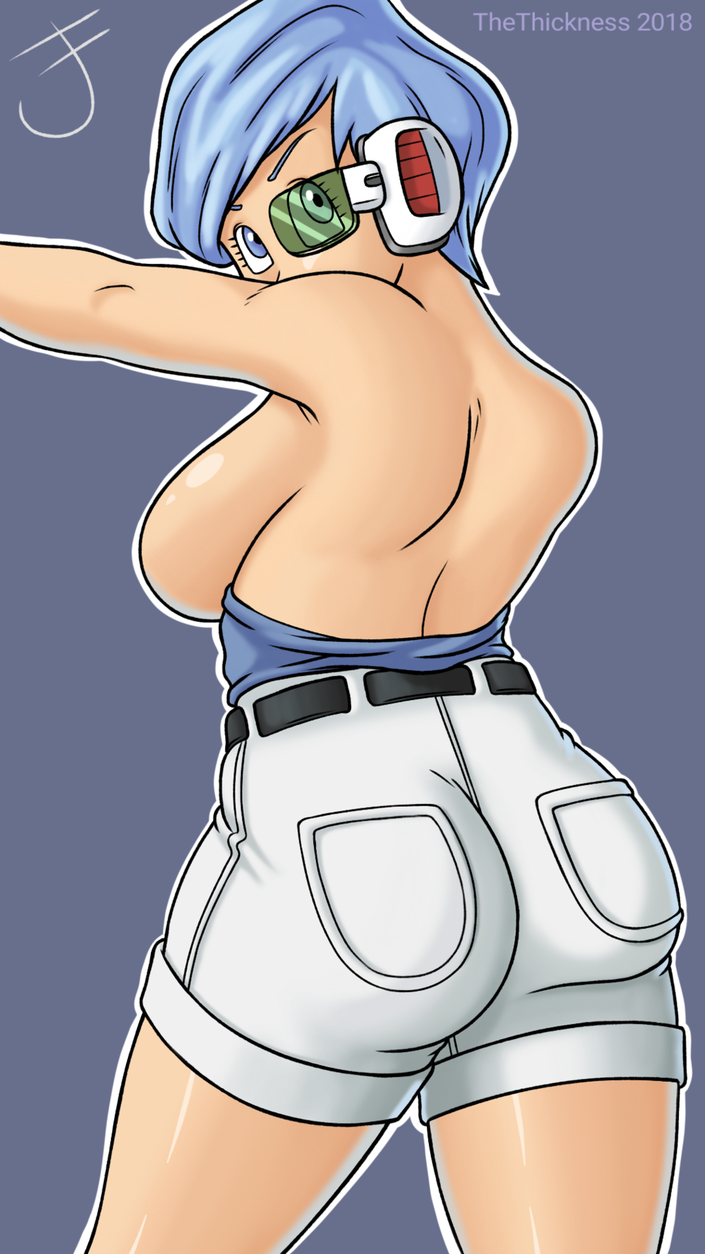 1girl ass breasts bulma cowboy_shot dragon_ball dragonball_z large_breasts looking_at_viewer looking_back outline scouter shorts simple_background solo standing tagme thethickness