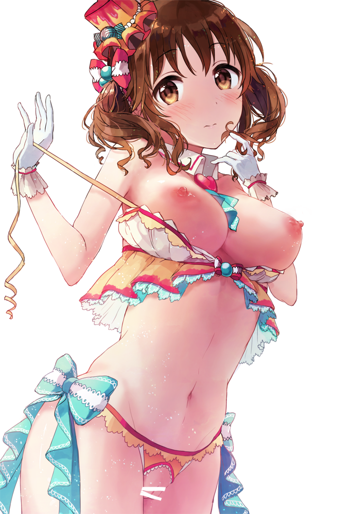 bangs bar_censor between_breasts blue_dress bow breasts breasts_outside brown_eyes brown_hair censored cowboy_shot crotchless_panties detached_collar dress gloves hair_bow hat head_tilt heart idolmaster idolmaster_cinderella_girls layered_clothing light_frown light_particles long_hair long_sleeves looking_at_viewer medium_breasts mini_hat mini_top_hat navel nipples orange_hat orange_panties panties pink_bow playing_with_own_hair pulled_by_self pussy roudo_(idolnoatm) simple_background sleeveless solo standing stomach strap_pull tareme top_hat totoki_airi twintails underwear white_background white_gloves wing_collar