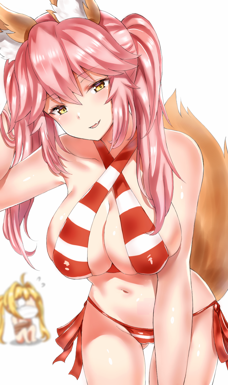 animal_ears bad_id bad_pixiv_id bikini blurry breasts chibi chibi_inset cleavage cosplay criss-cross_halter fang farys_(afopahqfw) fate/grand_order fate_(series) fox_ears fox_tail halterneck highres large_breasts long_hair looking_at_viewer multiple_girls navel nero_claudius_(fate)_(all) nero_claudius_(swimsuit_caster)_(fate) nero_claudius_(swimsuit_caster)_(fate)_(cosplay) red_bikini revision side-tie_bikini simple_background smile striped striped_bikini swimsuit tail tamamo_(fate)_(all) tamamo_no_mae_(fate) twintails white_background yellow_eyes