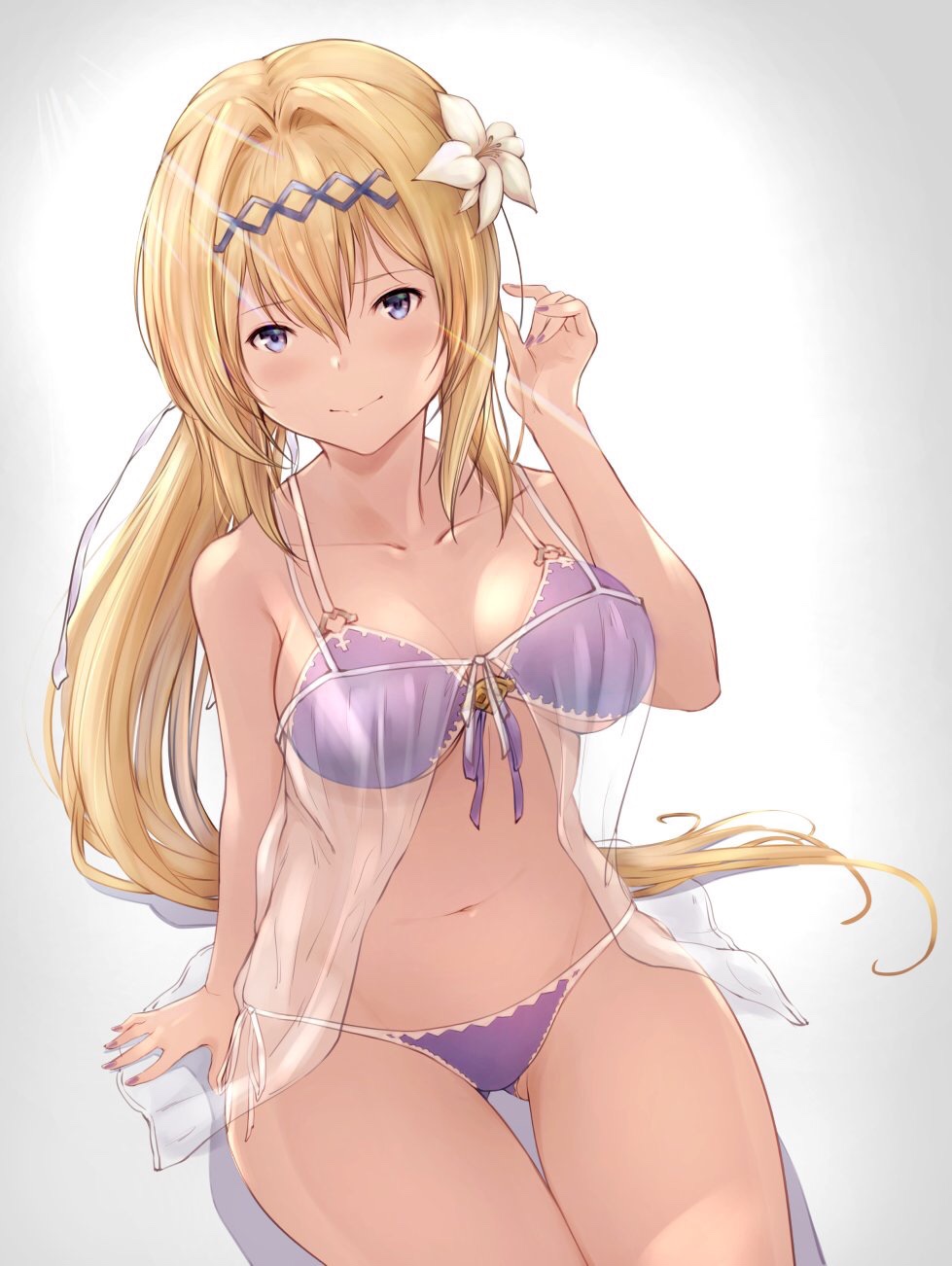 arm_at_side ass_visible_through_thighs babydoll bangs bikini blonde_hair blush breasts chokuro closed_mouth collarbone flower front-tie_bikini front-tie_top gradient gradient_background granblue_fantasy grey_background hair_between_eyes hair_flower hair_ornament hand_up highres jeanne_d'arc_(granblue_fantasy) long_hair looking_at_viewer md5_mismatch medium_breasts nail_polish navel ponytail purple_bikini purple_eyes purple_nails purple_ribbon ribbon see-through shiny shiny_hair side-tie_bikini sidelocks sitting smile solo spaghetti_strap stomach swimsuit tareme thigh_gap thighs underboob very_long_hair white_flower white_ribbon