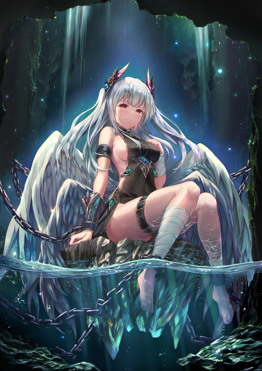 bandages bangs barefoot blunt_bangs blush breasts cave chain crying full_body highres long_hair looking_at_viewer medium_breasts multiple_wings original red_eyes revision sideboob silver_hair sitting soaking_feet solo tama_satou tears two_side_up vambraces water white_wings wings