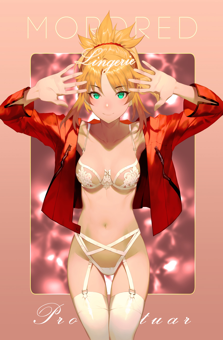 blonde_hair blush bra braid breasts closed_eyes commentary_request eyebrows_visible_through_hair fate/apocrypha fate_(series) french_braid garter_straps green_eyes hair_ornament hair_scrunchie highres jacket leather leather_jacket lingerie long_hair looking_at_viewer medium_breasts mordred_(fate) mordred_(fate)_(all) navel open_clothes open_jacket panties ponytail red_jacket red_scrunchie salmon88 scrunchie shiny shiny_hair smile solo standing thigh_gap thighhighs underwear white_panties