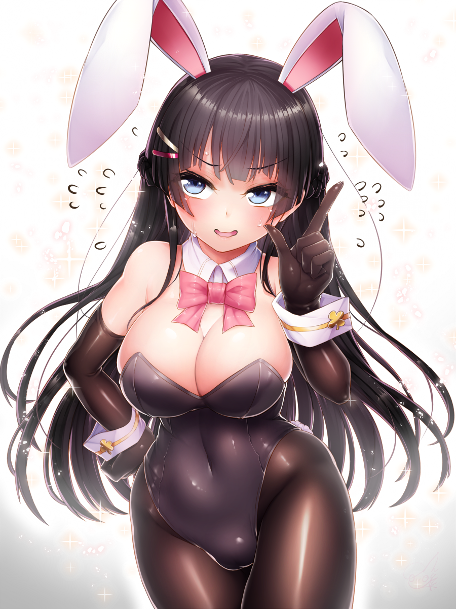 animal_ears bangs bare_shoulders black_gloves black_hair black_leotard blue_eyes blush bow bowtie breasts bunny_ears bunny_girl bunny_tail bunnysuit cleavage covered_navel detached_collar doyouwantto elbow_gloves eyebrows_visible_through_hair fake_animal_ears flying_sweatdrops gloves hair_ornament hairclip hand_on_hip highres large_breasts leotard long_hair looking_away nijisanji open_mouth pantyhose solo strapless strapless_leotard tail tsukino_mito wrist_cuffs