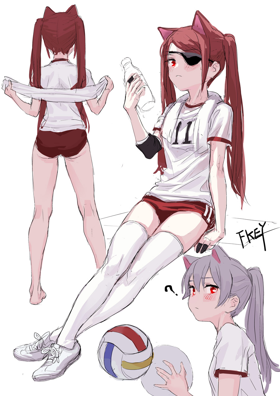 ? animal_ears artist_name ass ball bandaid bandaid_on_finger bangs bare_legs barefoot blush bottle cat_ears commentary_request eyebrows_visible_through_hair eyepatch fkey from_behind full_body gym_shorts gym_uniform highres holding holding_ball holding_bottle holding_towel long_hair looking_at_viewer multiple_girls multiple_views original ponytail red_eyes red_hair red_shorts shirt shoes short_sleeves shorts silver_hair simple_background sitting sketch sneakers standing swept_bangs thighhighs towel twintails upper_body volleyball white_background white_footwear white_legwear white_shirt