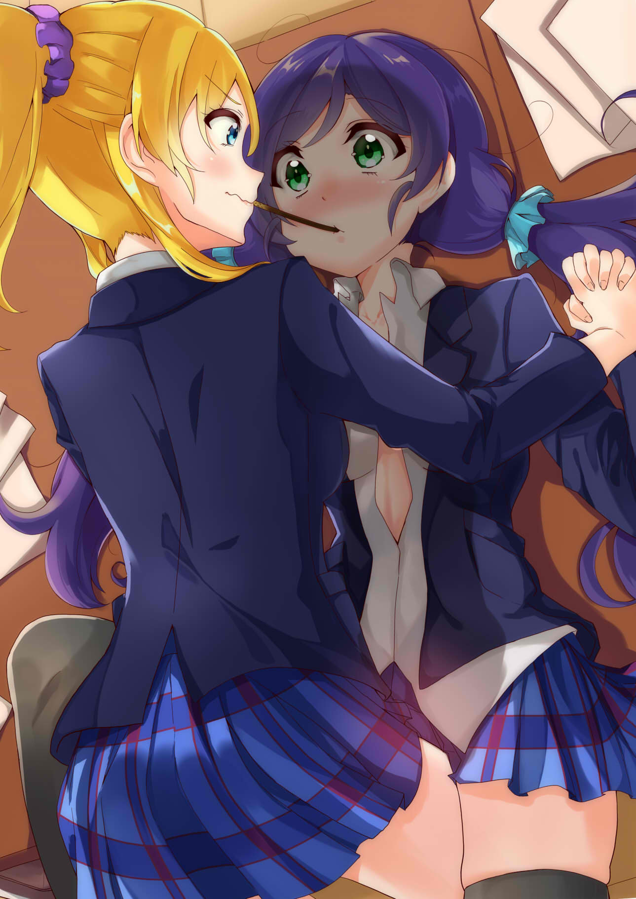 ayase_eli black_legwear blazer blonde_hair blue_eyes blue_scrunchie blue_skirt blush commentary_request desk eye_contact face-to-face food green_eyes highres holding_hands jacket long_sleeves looking_at_another love_live! love_live!_school_idol_project lying miniskirt mouth_hold multiple_girls natsumeyuki_(siroyuki026) nose_blush on_back on_desk otonokizaka_school_uniform papers plaid plaid_skirt pleated_skirt pocky pocky_kiss ponytail purple_hair purple_scrunchie school_uniform scrunchie shared_food skirt thighhighs toujou_nozomi twintails unbuttoned unbuttoned_shirt wavy_mouth yuri