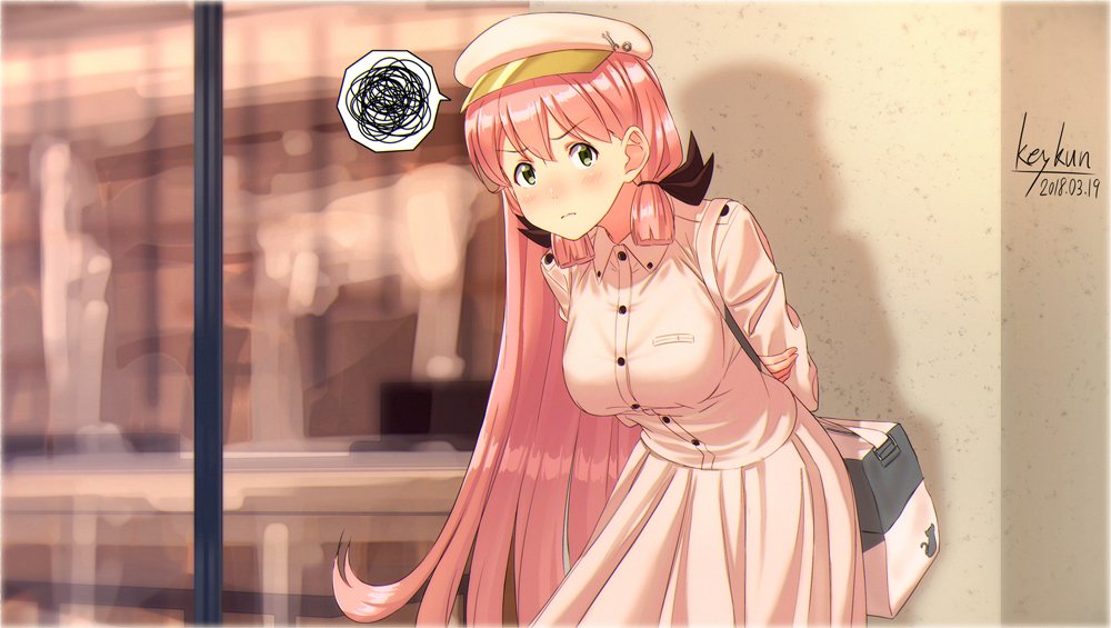 against_wall akashi_(kantai_collection) alternate_costume arms_behind_back artist_name bag beret black_ribbon blush building buttons cabbie_hat casual closed_mouth commentary_request cowboy_shot dated dress green_eyes hair_ribbon hat jacket kantai_collection key_kun leaning_forward long_hair long_skirt long_sleeves looking_at_viewer nose_blush pink_dress pink_hair pink_hat ribbon shiny shiny_hair shoulder_bag sidelocks skirt solo speech_bubble spoken_squiggle squiggle standing straight_hair tress_ribbon very_long_hair white_hat white_jacket white_skirt