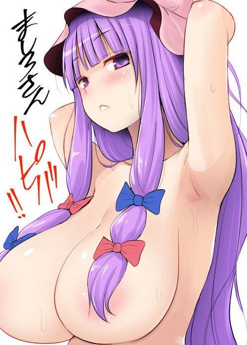 areola_slip areolae armpits arms_up breasts commentary_request convenient_censoring diisuke hair_ribbon happy_birthday hat large_breasts long_hair looking_at_viewer mob_cap nude patchouli_knowledge purple_eyes purple_hair ribbon solo sweat touhou upper_body