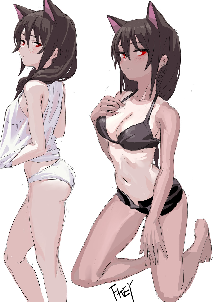 animal_ears artist_name ass black_bra bra breasts brown_hair cat_ears cleavage commentary_request contrapposto fkey from_side hair_between_eyes hair_over_shoulder hand_on_own_chest highres kneeling long_hair looking_at_viewer medium_breasts multiple_views navel one-piece_tan open_fly open_pants original panties red_eyes see-through short_shorts shorts sketch tan tank_top tanline underwear underwear_only white_panties