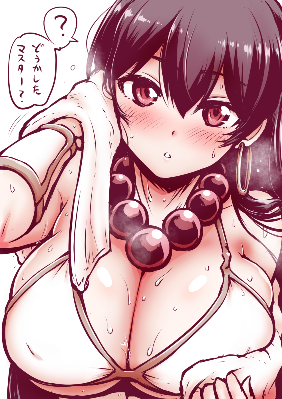 ? bead_necklace beads bikini bikini_top blush breasts brown_hair cleavage covered_nipples earrings fate/grand_order fate_(series) hair_between_eyes highres hoop_earrings jewelry kanno_takanori large_breasts long_hair looking_at_viewer necklace parted_lips prayer_beads red_eyes solo sweat swimsuit towel translated underboob upper_body white_bikini xuanzang_(fate/grand_order)