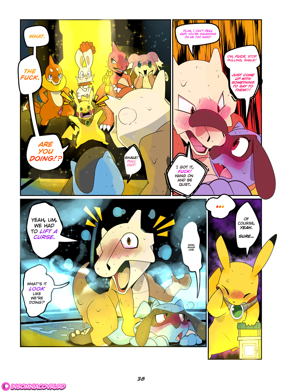 2018 all_fours anthro audino balls blush buizel bunnelby caught charmeleon cleft_tail comic cum dialogue doggystyle embarrassed erection female from_behind_position insomniacovrlrd jewel_(insomniacovrlrd) jewelry lantern lying male marowak necklace nintendo on_front penis pikachu pok&eacute;mon pok&eacute;mon_(species) pok&eacute;mon_mystery_dungeon riolu sex video_games