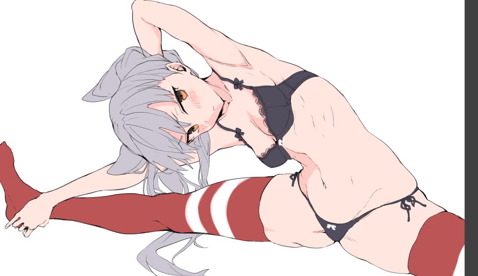 alternate_hairstyle amatsukaze_(kantai_collection) arm_up armpits bikini black_bra black_panties blush bra breasts brown_eyes cleavage collarbone commentary_request grey_hair kantai_collection long_hair navel panties red_legwear side-tie_bikini sitting small_breasts solo spread_legs stretch swimsuit thighhighs twintails underwear underwear_only unfinished work_in_progress yukiguni_yuu