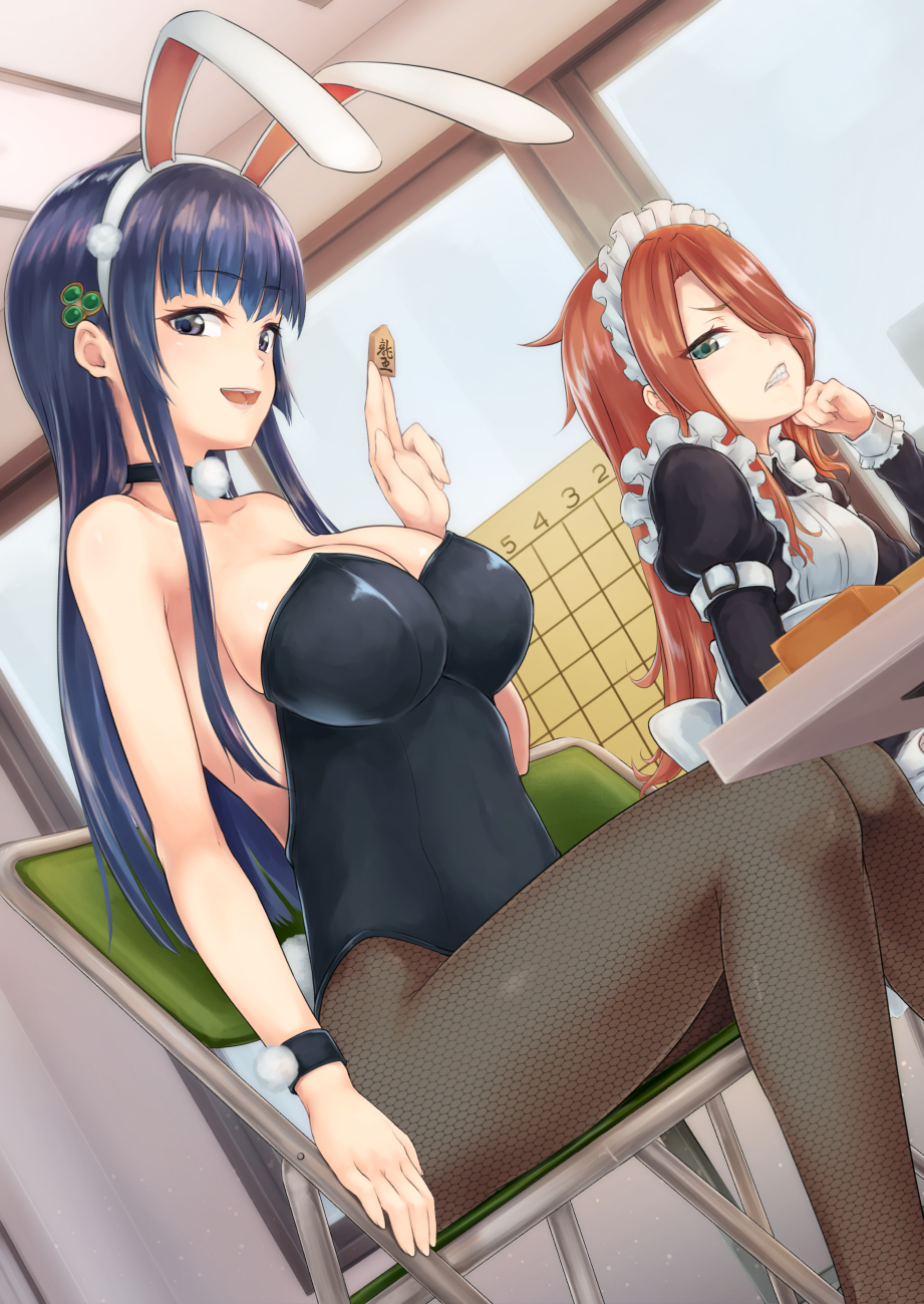 animal_ears apron arm_at_side bangs bare_shoulders between_fingers black_choker black_legwear black_leotard blue_eyes blue_hair blue_sky blunt_bangs board_game breasts bunny_ears bunny_tail bunnysuit chair choker cleavage clenched_teeth collarbone day dutch_angle fake_animal_ears fake_tail feet_out_of_frame fishnet_pantyhose fishnets folding_chair frills green_eyes hair_ornament hair_over_one_eye hairband hairpin hand_on_own_cheek highres holding indoors kugui_machi large_breasts leotard long_hair looking_at_viewer maid maid_headdress multiple_girls on_chair oonaka_ito pantyhose red_hair ryuuou_no_oshigoto! shiny shiny_hair shougi sitting sky strapless strapless_leotard table tail teeth trait_connection tsukiyomizaka_ryou tsurime very_long_hair white_apron white_hairband window wristband