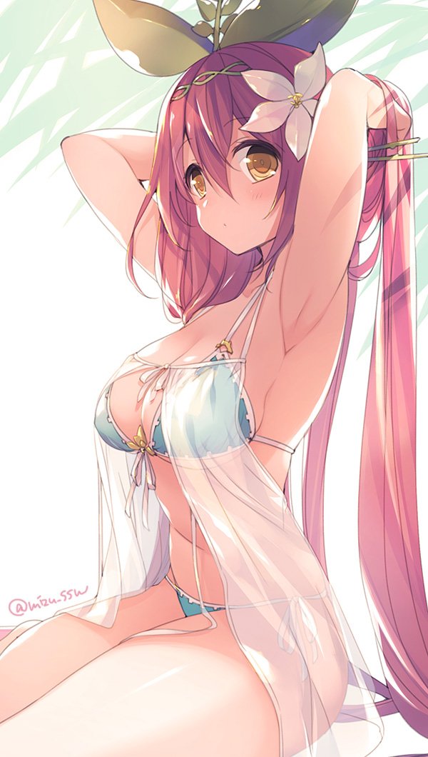 armpits arms_up bikini breasts commentary_request cosplay flower granblue_fantasy hair_flower hair_ornament jeanne_d'arc_(granblue_fantasy) jeanne_d'arc_(granblue_fantasy)_(cosplay) large_breasts long_hair mizuno_(suisuiw) pink_hair plant_girl shadow sitting solo swimsuit twitter_username yellow_eyes yggdrasil_(granblue_fantasy)