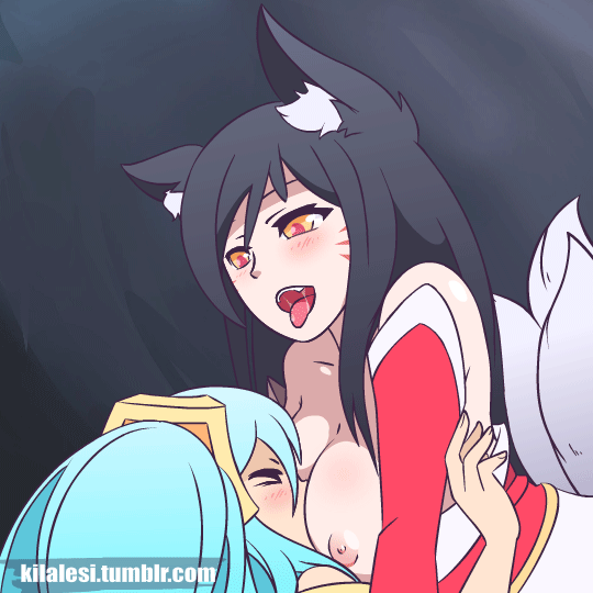 &gt;_&lt; 2girls ahri animated animated_gif black_hair blue_hair blush breast_smother breasts kilalesi large_breasts league_of_legends multiple_girls naughty_face nipples riot_games sex sona_buvelle twintails yuri