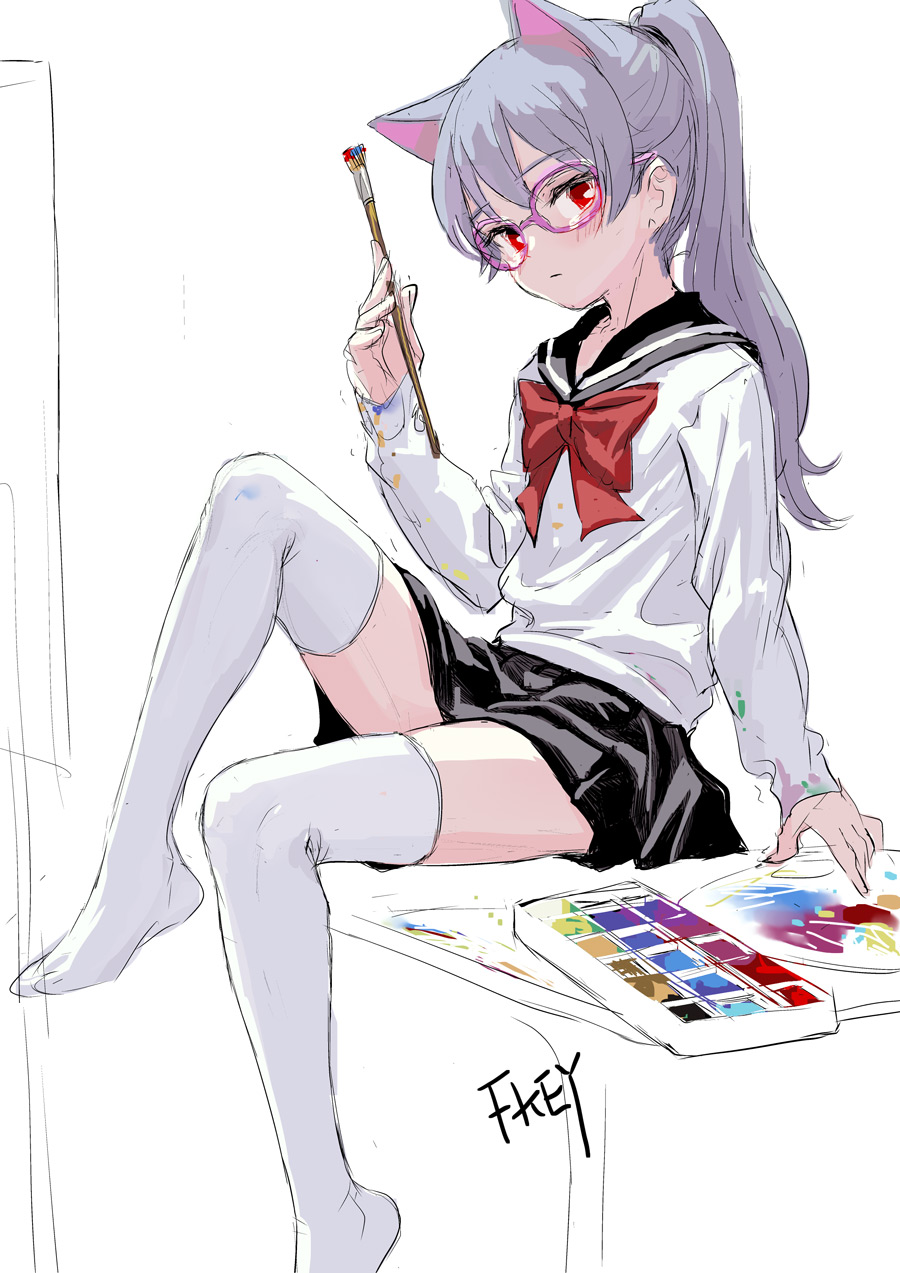 animal_ears artist_name bespectacled black_skirt blush bow cat_ears commentary_request extra_ears feet_out_of_frame fkey glasses head_tilt highres holding holding_paintbrush knee_up long_hair long_sleeves looking_at_viewer miniskirt no_shoes original paint paint_on_clothes paintbrush pink-framed_eyewear ponytail red_bow red_eyes red_neckwear round_eyewear sailor_collar school_uniform serafuku silver_hair simple_background sitting sketch skirt solo thighhighs white_background white_legwear white_serafuku zettai_ryouiki