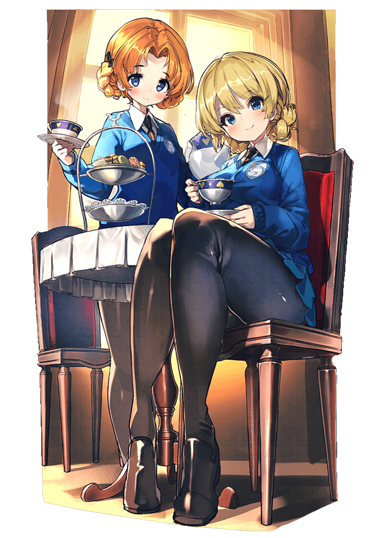 artist_request bangs black_bow black_footwear black_legwear black_neckwear blonde_hair blue_eyes blue_skirt blue_sweater blush bow braid cake chair closed_mouth commentary_request cookie cup darjeeling dress_shirt emblem eyebrows_visible_through_hair food girls_und_panzer hair_bow holding holding_cup holding_plate indoors last_period legs loafers long_sleeves looking_at_viewer macaron miniskirt multiple_girls necktie official_art orange_hair orange_pekoe pantyhose parted_bangs plate pleated_skirt saucer school_uniform shirt shoes short_hair sitting skirt smile st._gloriana's_(emblem) st._gloriana's_school_uniform standing sweater table tablecloth teacup teapot thighs tied_hair tiered_tray transparent_background twin_braids v-neck white_shirt window wooden_chair wooden_table