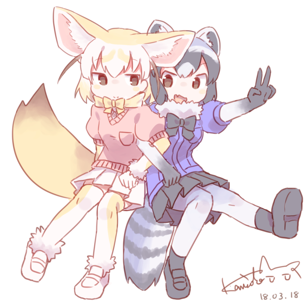 :d animal_ears artist_name black_hair black_skirt blonde_hair bow bowtie colo_(frypan_soul) common_raccoon_(kemono_friends) dated extra_ears fang fennec_(kemono_friends) food fox_tail full_body grey_hair kemono_friends locked_arms looking_at_viewer multicolored_hair multiple_girls open_mouth pleated_skirt puffy_short_sleeves puffy_sleeves raccoon_ears raccoon_tail short_sleeves signature simple_background skirt smile tail v white_background white_hair white_skirt