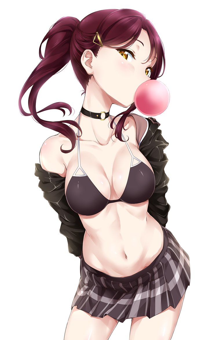 bare_shoulders bikini bikini_top black_bikini black_choker black_jacket breasts bubble_blowing choker cleavage commentary cowboy_shot hair_ornament hairclip head_tilt jacket large_breasts long_hair looking_at_viewer love_live! love_live!_sunshine!! navel plaid plaid_skirt ponytail red_hair sakurauchi_riko simple_background skirt standing surfing_orange swimsuit white_background yellow_eyes