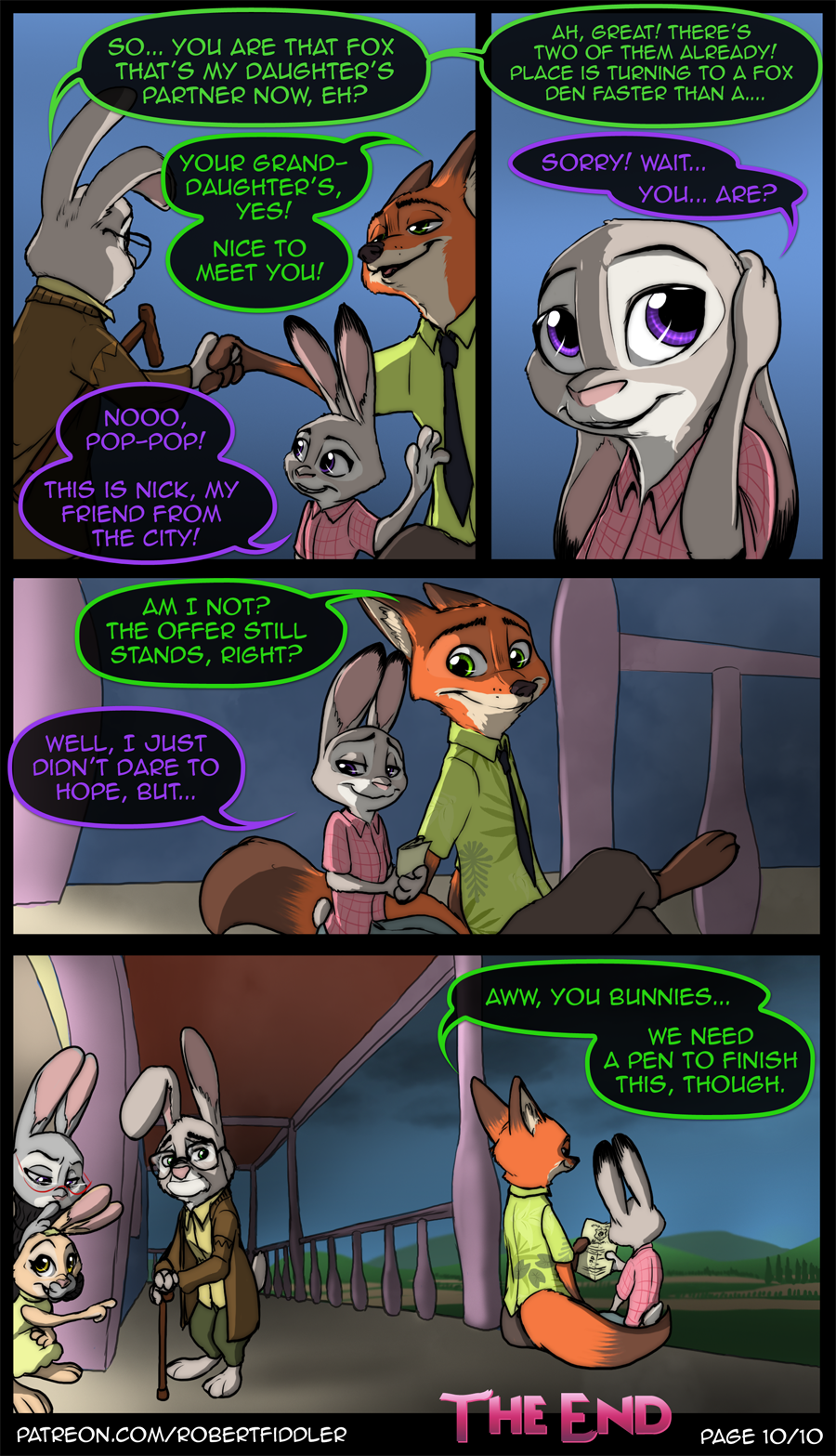 2018 anthro barefoot black_border border canine clothed clothing comic dialogue dipstick_ears dipstick_tail disney english_text eyewear female fox glasses gloves_(marking) green_eyes group handshake judy_hopps lagomorph male mammal markings multicolored_tail necktie nick_wilde outside purple_eyes rabbit robertfiddler sitting speech_bubble standing text violet_hopps_(zootopia) walking_stick young zootopia