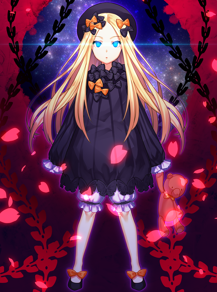 :o abigail_williams_(fate/grand_order) bangs black_bow black_dress black_footwear black_hat blonde_hair bloomers blue_eyes bow bug butterfly commentary_request dress eyebrows_visible_through_hair fate/grand_order fate_(series) forehead full_body glowing glowing_eyes hair_bow hakkasui hat holding holding_stuffed_animal insect long_hair long_sleeves looking_at_viewer orange_bow parted_bangs parted_lips petals polka_dot polka_dot_bow shoes sleeves_past_fingers sleeves_past_wrists solo standing stuffed_animal stuffed_toy teddy_bear underwear very_long_hair white_bloomers