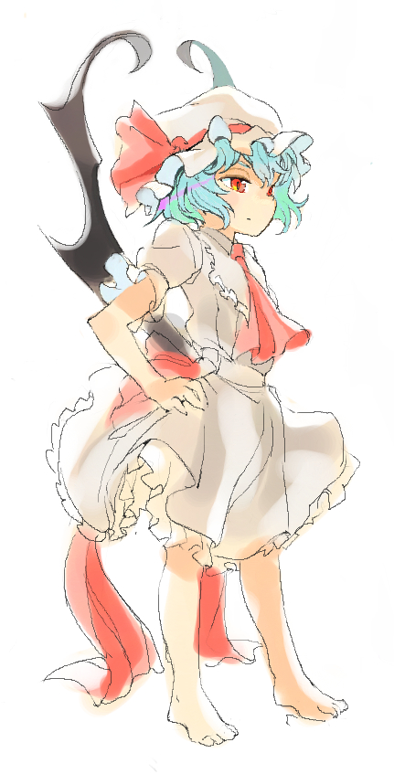 ascot bad_id bad_pixiv_id bangs bare_legs barefoot bat_wings black_wings blue_hair closed_mouth eyebrows frilled_skirt frills fronttire full_body hand_on_hip hat hat_ribbon legs_apart mob_cap puffy_short_sleeves puffy_sleeves red_eyes red_neckwear red_ribbon remilia_scarlet ribbon shirt short_hair short_sleeves simple_background skirt skirt_set solo standing touhou white_background white_hat white_shirt white_skirt wings
