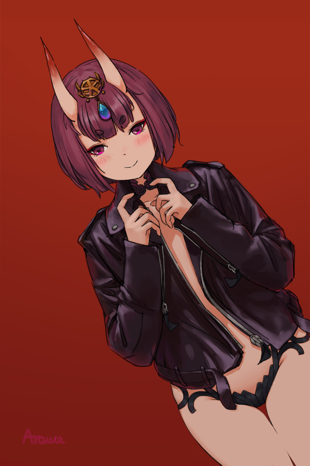 alternate_costume artist_name bangs black_jacket blush closed_mouth cowboy_shot dutch_angle eyebrows_visible_through_hair eyeshadow fate/grand_order fate_(series) flat_chest gem headpiece highres huang_ting jacket leather leather_jacket long_sleeves looking_at_viewer makeup no_bra no_pants nose_blush oni oni_horns open_clothes open_jacket red_background short_hair shuten_douji_(fate/grand_order) simple_background smile solo standing thick_eyebrows thigh_gap thighs tsurime zipper