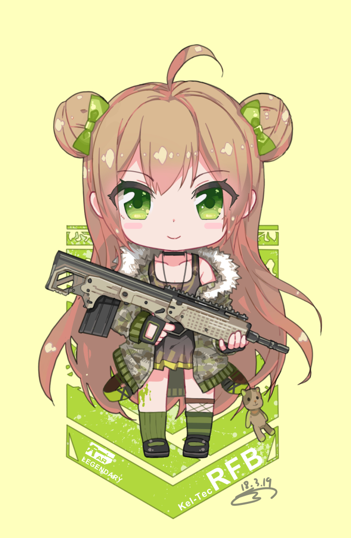 &gt;:) ahoge bangs bare_shoulders black_dress black_gloves blush_stickers bow brown_hair bullpup camouflage_jacket character_name chibi closed_mouth collarbone dated double_bun dress eyebrows_visible_through_hair fingerless_gloves girls_frontline gloves green_bow green_eyes green_legwear gun hair_between_eyes hair_bow holding holding_gun holding_weapon jacket kel-tec kel-tec_rfb long_hair long_sleeves looking_at_viewer mismatched_legwear object_namesake open_clothes open_jacket rfb_(girls_frontline) rifle side_bun signature sleeveless sleeveless_dress smile solo ssalbaram standing striped striped_legwear stuffed_animal stuffed_toy teddy_bear v-shaped_eyebrows very_long_hair weapon