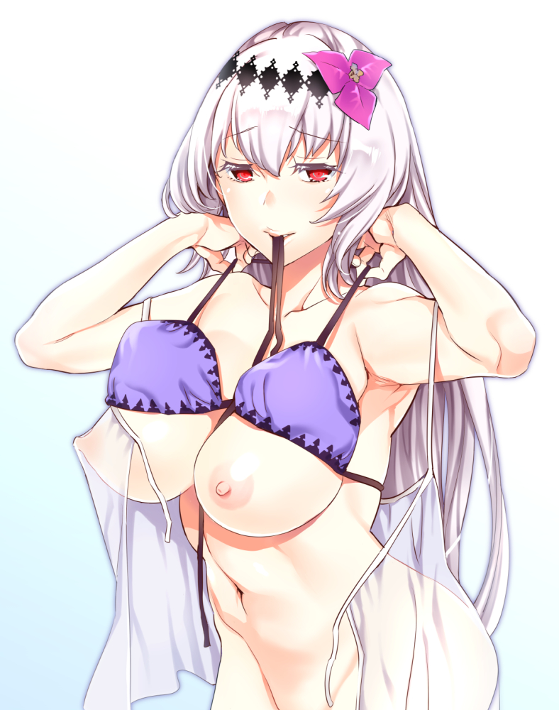 areolae armpits bangs bikini bikini_lift black_ribbon blonde_hair bottomless breasts dark_jeanne dark_persona emua eyebrows_visible_through_hair granblue_fantasy hairband jeanne_d'arc_(granblue_fantasy) large_breasts long_hair looking_at_viewer mouth_hold navel nipples out-of-frame_censoring purple_bikini red_eyes ribbon see-through smile solo swimsuit undressing very_long_hair white_hair
