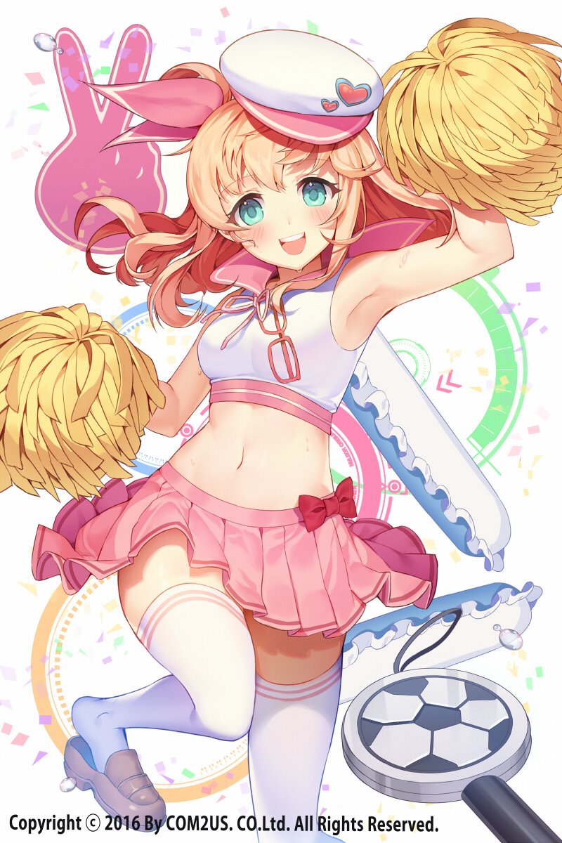 :d alternate_costume aqua_eyes armpits bangs bare_shoulders blush breasts brown_footwear carchet cheerleader commentary_request crop_top eyebrows_visible_through_hair glasses green_eyes hair_between_eyes hair_ribbon hat highres holding light_brown_hair loafers looking_at_viewer luri midriff navel official_art one_side_up open_mouth pink_ribbon pink_skirt pleated_skirt pom_poms ribbon shirt shoes skirt sleeveless sleeveless_shirt small_breasts smile soccer_spirits standing standing_on_one_leg thighhighs upper_teeth white_hat white_legwear