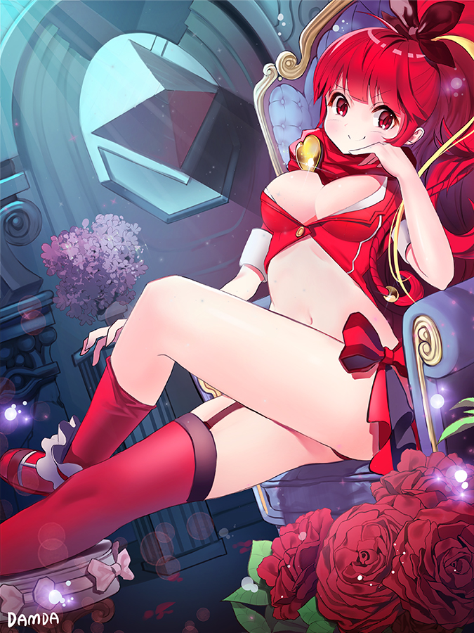 armchair artist_name blush bow breasts chair cleavage closed_mouth crossed_legs damda eyebrows_visible_through_hair flower garter_straps hair_bow kneehighs large_breasts long_hair looking_at_viewer navel original ponytail red_bow red_eyes red_flower red_hair red_legwear red_rose rose sitting smile solo thighhighs