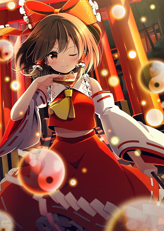 ;) ascot bangs banned_artist between_breasts blush bow breasts brown_eyes brown_hair closed_mouth cowboy_shot detached_sleeves dutch_angle eyebrows_visible_through_hair frilled_bow frilled_hair_tubes frilled_shirt_collar frilled_skirt frills gohei hair_bow hair_tubes hakurei_reimu holding large_bow light long_sleeves looking_at_viewer medium_skirt ofuda one_eye_closed outdoors red_bow red_ribbon red_shirt ribbon ribbon-trimmed_sleeves ribbon_trim shirt short_hair sidelocks skirt smile solo standing tareme torii touhou transparent wide_sleeves yellow_neckwear yin_yang yuuka_nonoko
