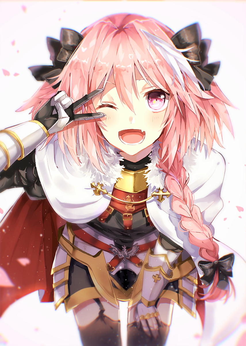;d astolfo_(fate) black_bow black_ribbon blush bow braid commentary_request fang fate/apocrypha fate/grand_order fate_(series) garter_straps hair_intakes hair_ribbon highres kazemaru168 long_braid long_hair looking_at_viewer male_focus multicolored_hair one_eye_closed open_mouth otoko_no_ko pink_hair purple_eyes ribbon single_braid smile solo streaked_hair v v_over_eye waistcoat