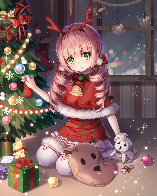 artist_name blush christmas_lights christmas_ornaments christmas_tree drill_hair eyebrows_visible_through_hair gift green_eyes hairband indoors long_hair looking_at_viewer merry_christmas night original parted_lips pink_hair red_skirt roang skirt smile solo teeth thighhighs twin_drills white_legwear window