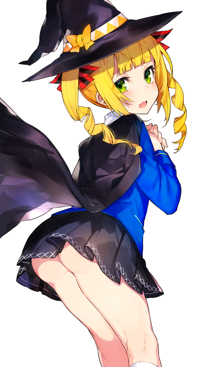 ass blonde_hair butsuriteki_ni_koritsu_shiteiru_ore_no_koukou_seikatsu cape green_eyes hat highres kneehighs mika_pikazo open_mouth ribbon simple_background skirt solo twintails white_background witch_hat