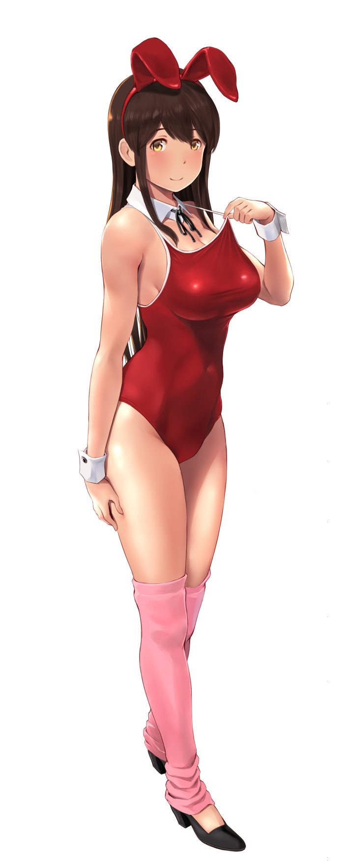 akagi_(kantai_collection) animal_ears bare_legs black_footwear blush breasts brown_hair bunny_ears bunny_girl competition_school_swimsuit detached_collar fake_animal_ears full_body highres kantai_collection large_breasts leg_warmers long_hair looking_at_viewer one-piece_swimsuit pink_legwear red_swimsuit school_swimsuit shoes simple_background smile solo swimsuit swimsuit_pull wa_(genryusui) white_background wrist_cuffs