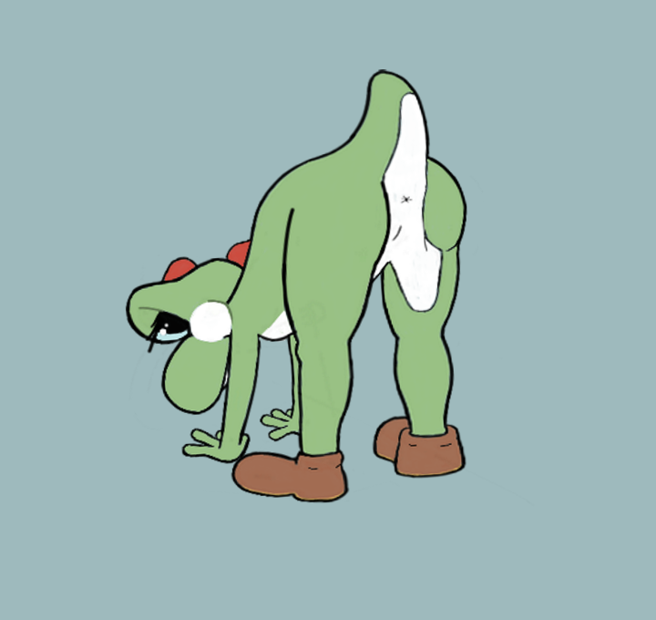 anthro anus blue_background butt clothing eyelashes female footwear lahliwolf lizard looking_at_viewer looking_back mario_bros mostly_nude nintendo presenting presenting_hindquarters pussy reptile scalie shoes simple_background solo teasing video_games yoshi