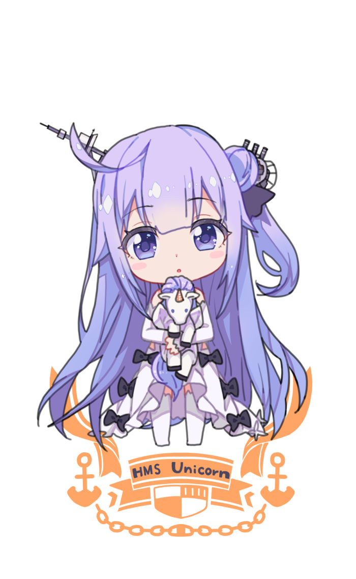 :o azur_lane bangs bare_shoulders black_bow black_ribbon blush_stickers bow character_name detached_sleeves dress eyebrows_visible_through_hair hair_between_eyes hair_bun hair_ornament head_tilt long_hair long_sleeves looking_at_viewer no_shoes object_hug one_side_up parted_lips purple_eyes purple_hair ribbon side_bun sleeveless sleeveless_dress sleeves_past_wrists solo ssalbaram standing stuffed_alicorn stuffed_animal stuffed_toy unicorn_(azur_lane) very_long_hair white_dress white_legwear