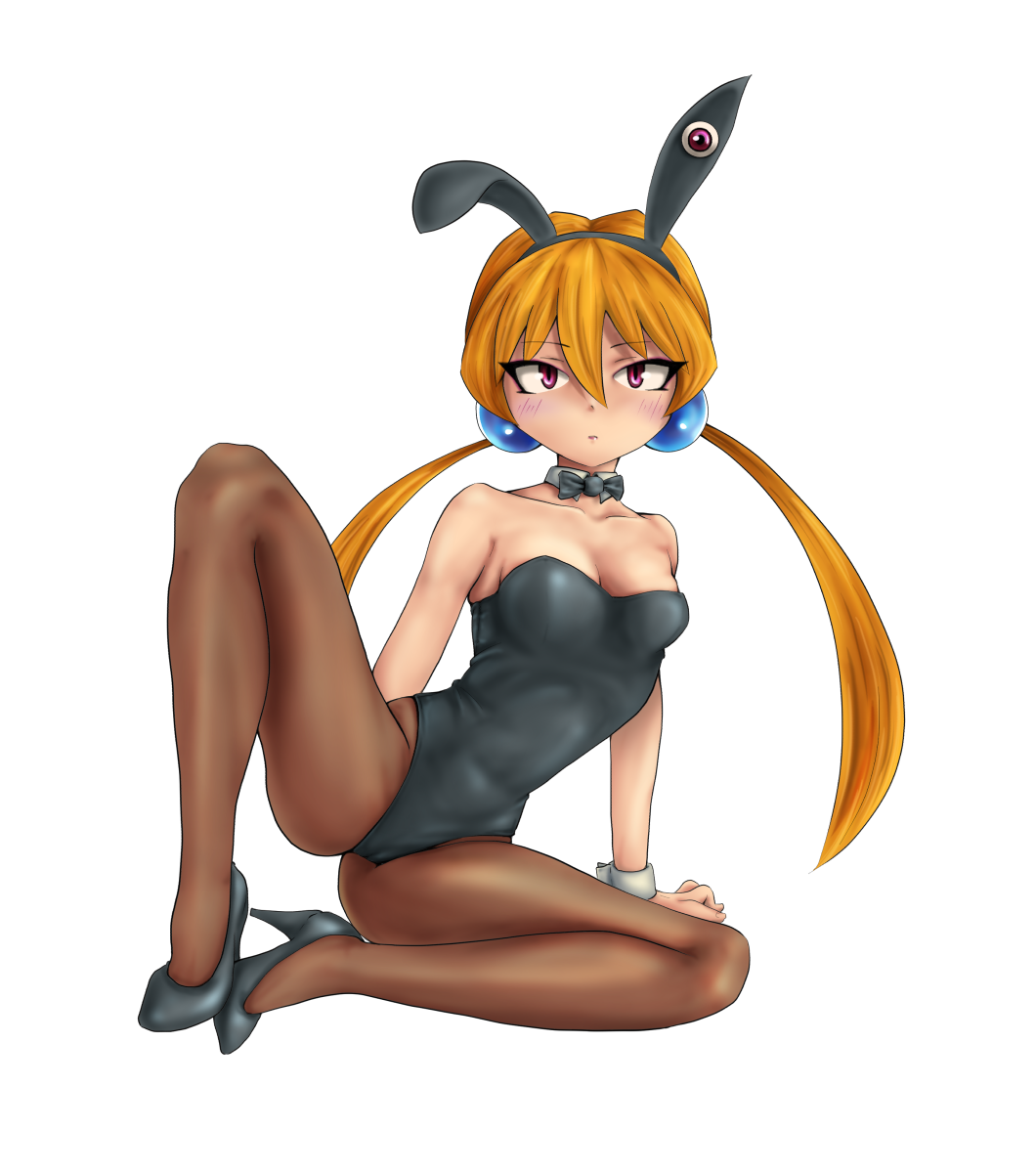1girl alisa_southerncross alternate_costume animal_ears bangs bare_arms bare_shoulders black_footwear black_leotard bow bowtie breasts bunny_ears bunny_girl bunny_tail bunnysuit cleavage crotch detached_collar eyebrows eyebrows_visible_through_hair fake_animal_ears female hair_bobbles hair_ornament hairband high_heels keroro_gunsou leg_up leotard long_hair looking_at_viewer low_twintails medium_breasts nebula_(keroro) orange_hair pantyhose pink_eyes pixiv simple_background solo spread_legs thighs tsukasa_(srs-z750) white_background wrist_cuffs