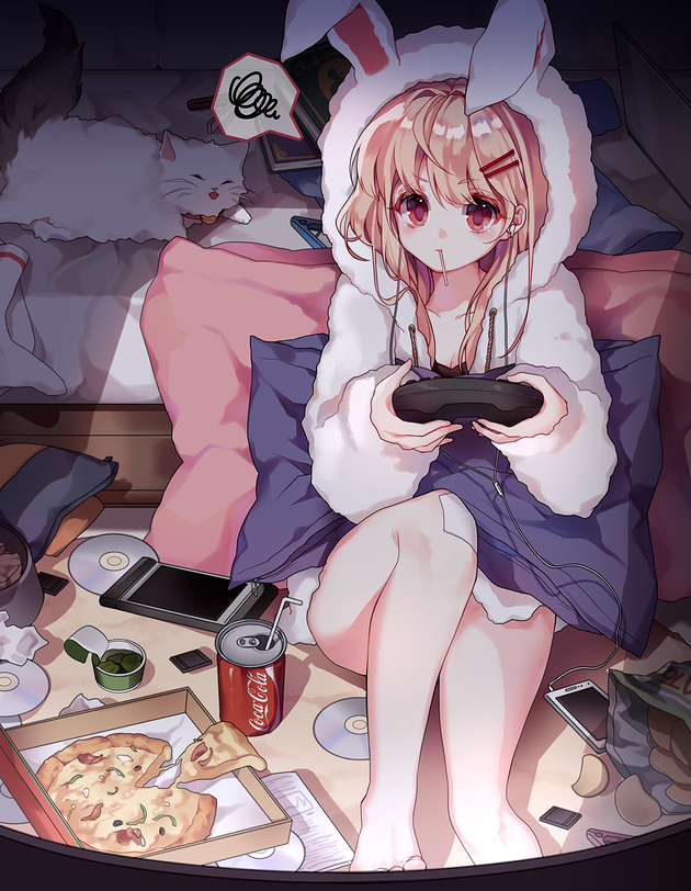 barefoot blonde_hair blush breasts bunny cat cellphone chips cleavage closed_mouth coca-cola collarbone controller earbuds earphones eyebrows_visible_through_hair food game_controller hair_ornament hairclip harin_0 hood hoodie indoors long_hair looking_away medium_breasts night original phone pillow pizza pizza_box potato_chips red_eyes sitting smartphone socks socks_removed solo speech_bubble
