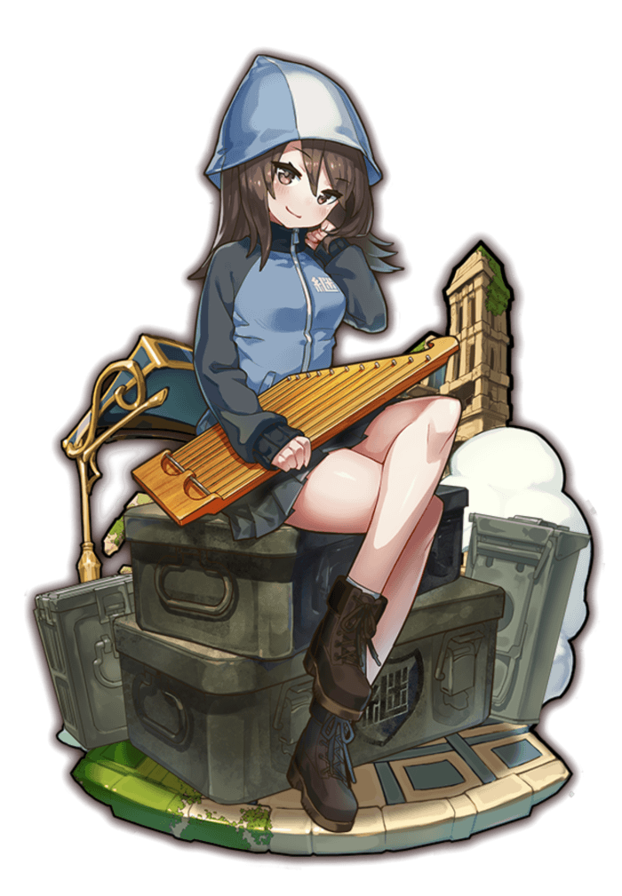 ammo_box ankle_boots bangs blue_footwear blue_hat blue_jacket blue_skirt boots brown_eyes brown_hair closed_mouth commentary_request cross-laced_footwear crossed_legs emblem eyebrows_visible_through_hair faux_figurine full_body girls_und_panzer grey_legwear hand_in_hair hat head_tilt holding holding_instrument instrument jacket kantele keizoku_(emblem) keizoku_military_uniform lace-up_boots last_period long_hair long_sleeves looking_at_viewer mika_(girls_und_panzer) military military_uniform miniskirt official_art pleated_skirt raglan_sleeves sitting skirt smile socks solo track_jacket transparent_background uniform