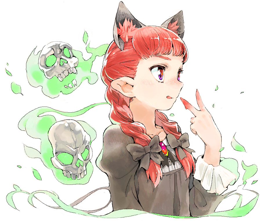 animal_ears bad_id bad_pixiv_id bangs black_bow blood bloody_hands bow braid brooch cat_ears closed_mouth collarbone extra_ears eyebrows eyelashes fire fronttire gem green_fire hair_bow hand_up jewelry kaenbyou_rin long_hair long_sleeves pointy_ears puffy_long_sleeves puffy_sleeves red_eyes red_hair simple_background skull solo tongue tongue_out touhou twin_braids upper_body v white_background